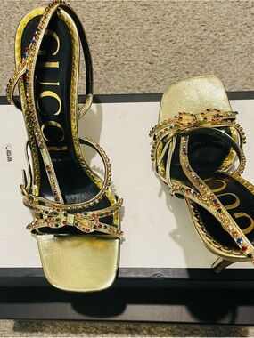 Gucci Gold Jeweled Bow-Strap High Heel Sandals